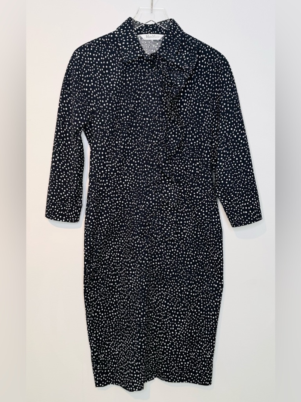 Max Mara Vicky Ruffle Polka Dot Navy Blue White Cotton Poplin Midi Dress - Picture 4 of 16